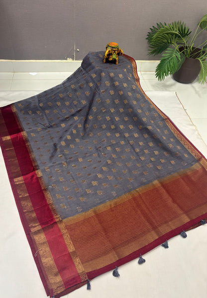 Bamboo Silk Saree-Grey-Maroon Retpet Border