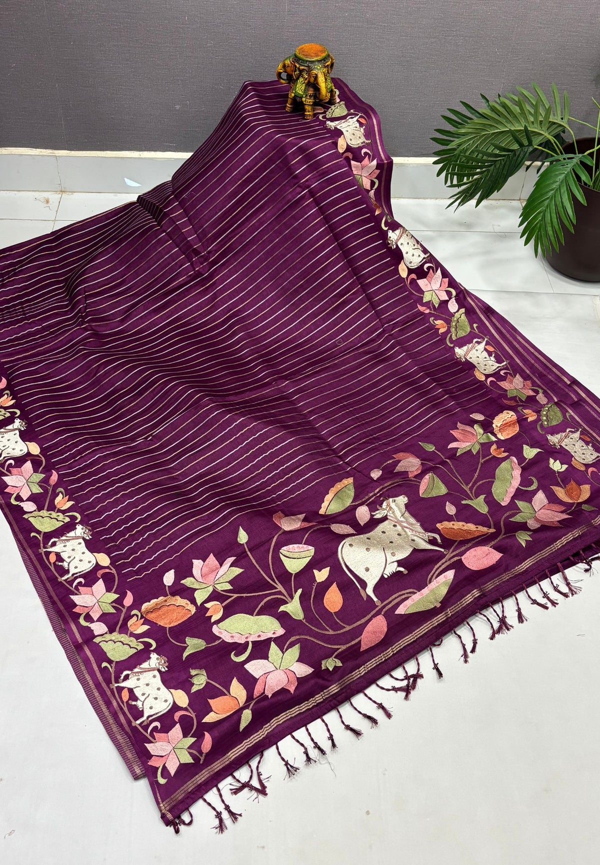 Tussar Saree-Wine with Zari Stripes in Pichwai Embroidery Border