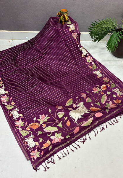 Tussar Saree-Wine with Zari Stripes in Pichwai Embroidery Border