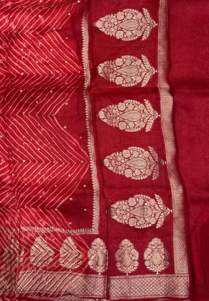 Pure Organza Tussar Saree-Red In Paisley Leaf Zari Border With Partly Pallu