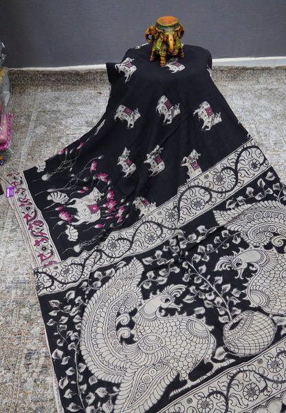 Kalamkari Cotton Saree – Traditional Art Inspired Design – Black