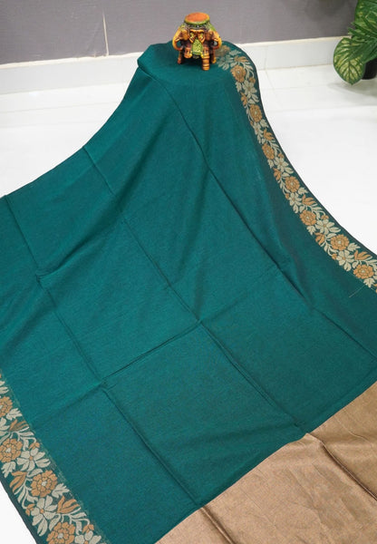 Handloom Cotton Saree-Peacock Green Marigold Floral Jamdhani Border