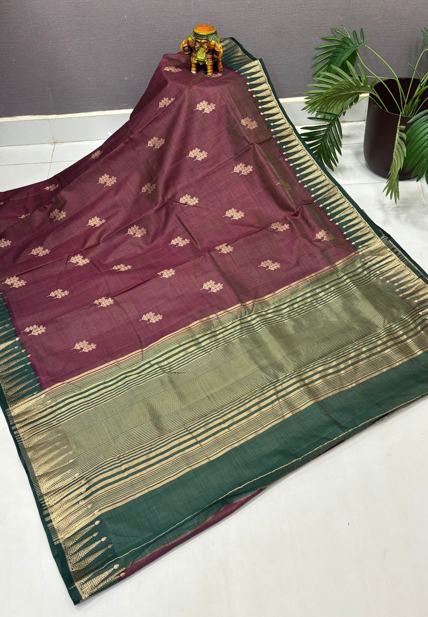 Semi Tussar Saree-Dusky Wine in Traditional Striped Zari with Contrast Border