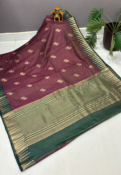 Semi Tussar Saree-Dusky Wine in Traditional Striped Zari with Contrast Border