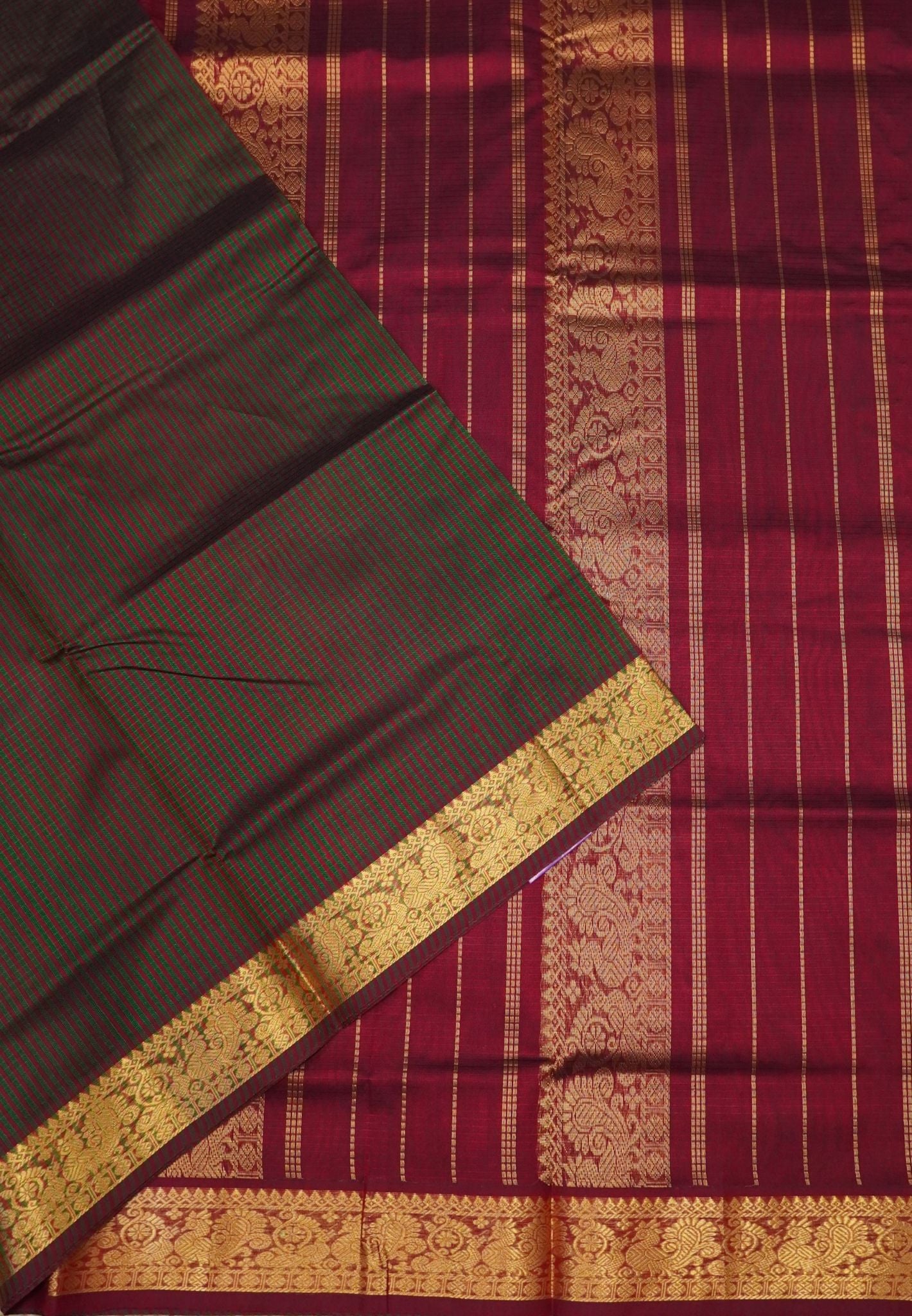 Pure Silk Cotton Saree-Maroon Stripes with Zari Woven Border