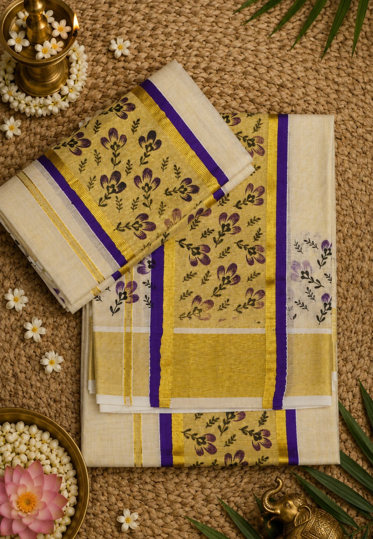 Tissue Set Mundu-Sandal - Purple with Rich Kasavu Border