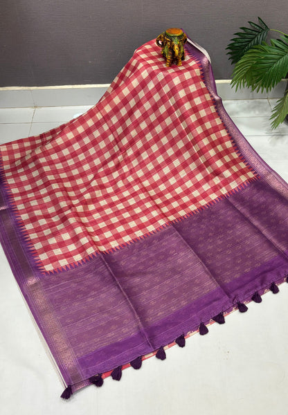 Matka Tussar saree-Red in Checked Pattern with Temple Zari Border