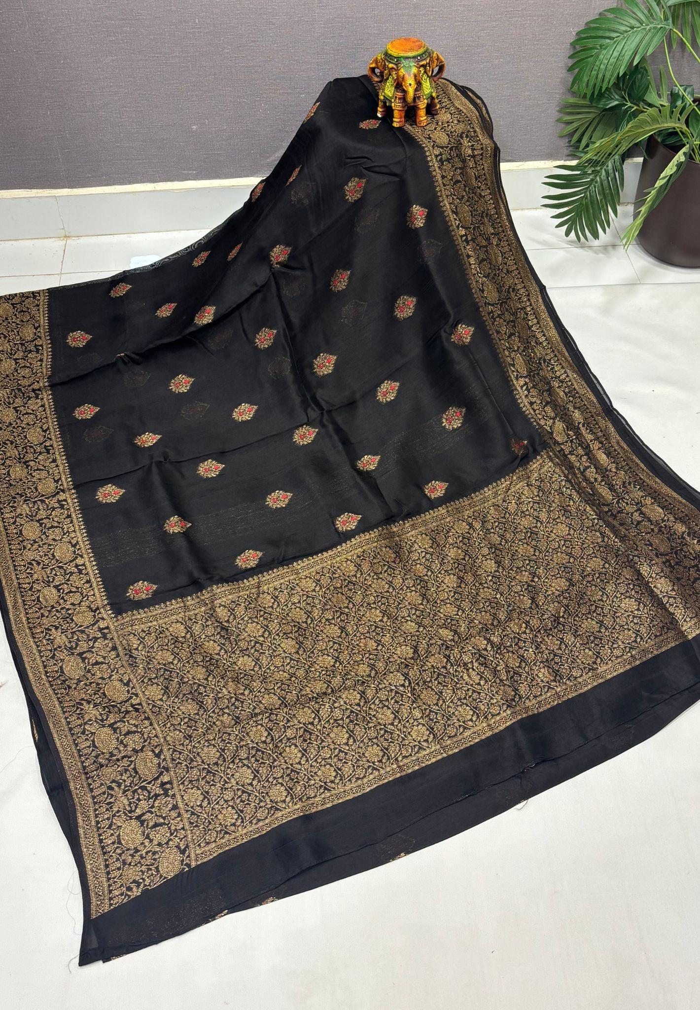 Banarasi Tussar Saree-Black in Floral Brocade Zari Border