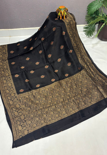 Banarasi Tussar Saree-Black in Floral Brocade Zari Border