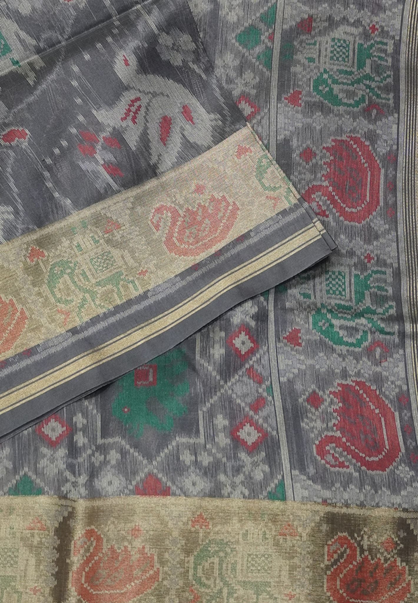 Raw Silk Saree - Greyish Blue with Patola Print
