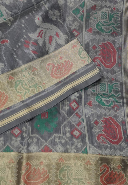 Raw Silk Saree - Greyish Blue with Patola Print