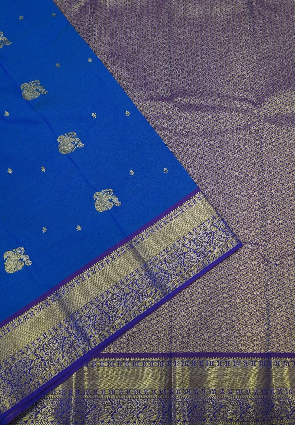 Budget Kanchipuram Saree-Sulphate Blue in Feather Peacock Buttas