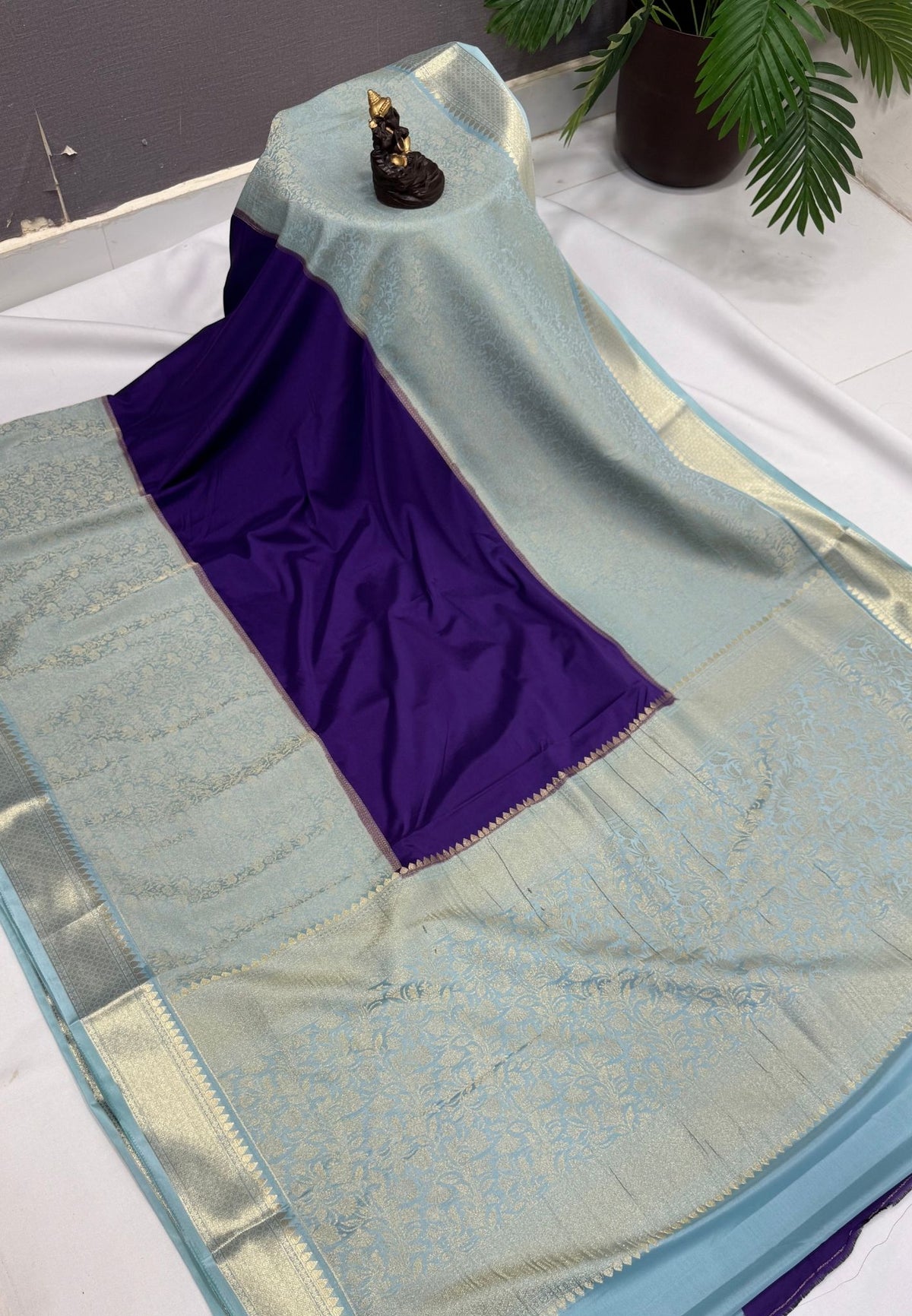 Art Mysore Silk Saree-Violet-Sea Blue In Floral Zari With Contrast Border