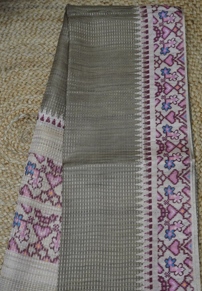 Semi Tussar Saree -Elachi Green with Ikkat Border