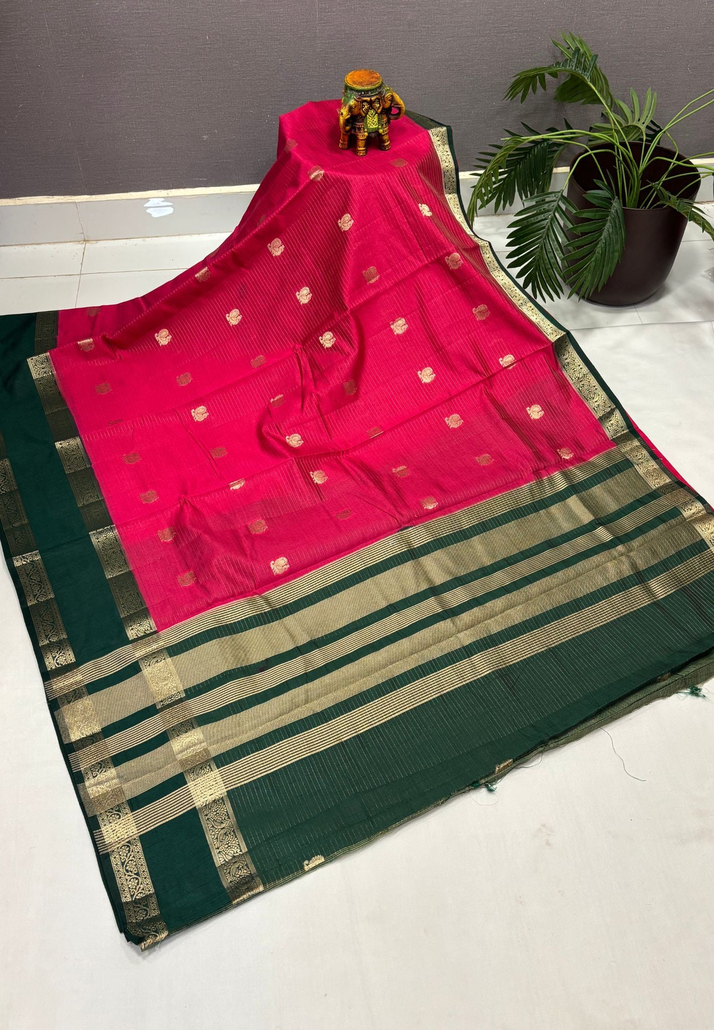 Semi Tussar Saree-Rani Pink in Traditional Floral Zari Stripe with Contrast Border