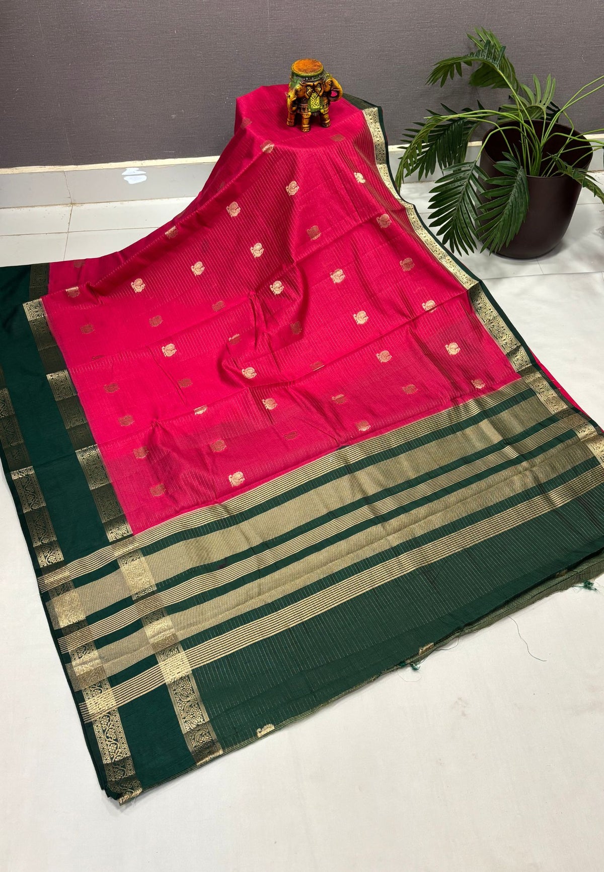 Semi Tussar Saree-Rani Pink in Traditional Floral Zari Stripe with Contrast Border