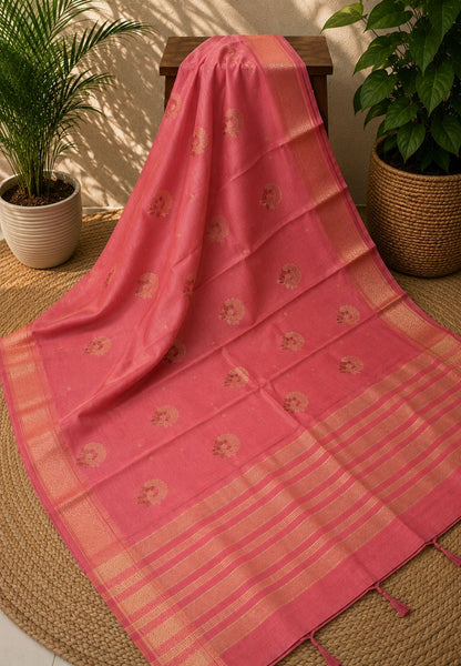 Semi Tussar Saree-Peach Pink with Floral Zari Motif