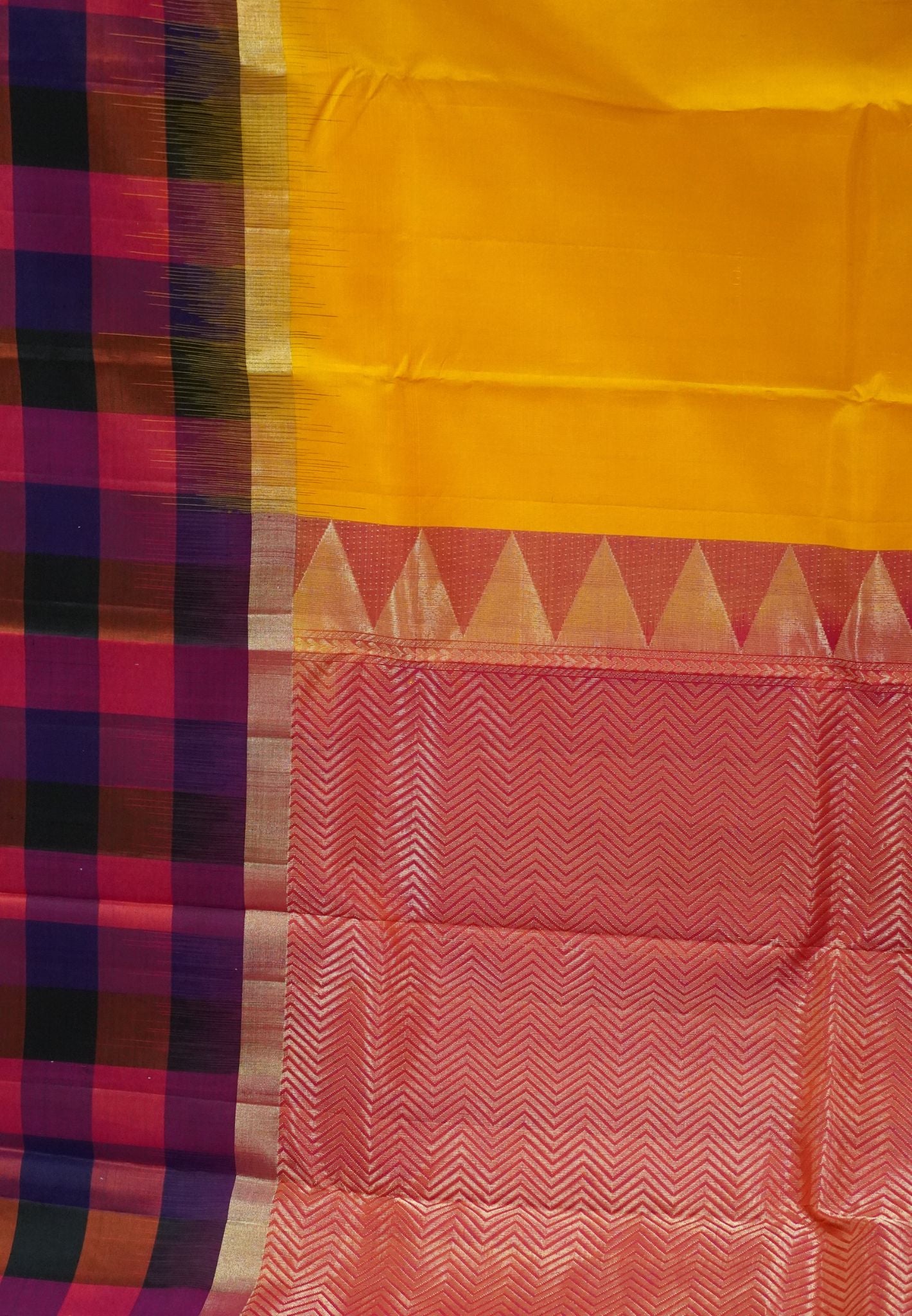 Pure Kanchipuram Silk Saree-Mango Yellow with Big Checkered Border
