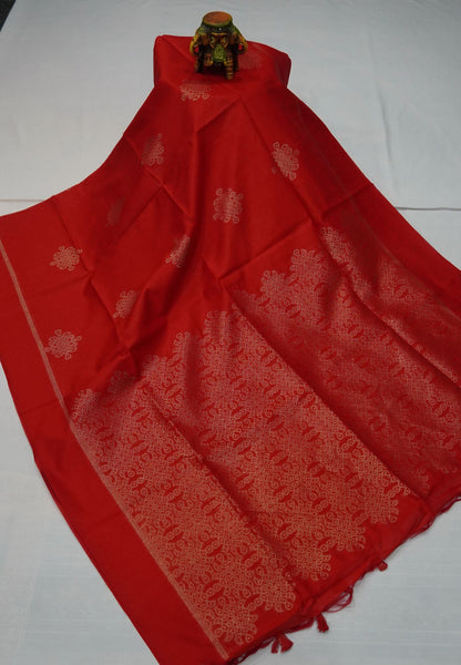 Semi Raw Silk Saree - Red in Kolam Pattern