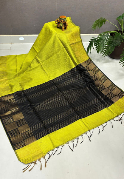 Semi Raw Silk Saree-Light Green In Checkered Zari With Contrast Border