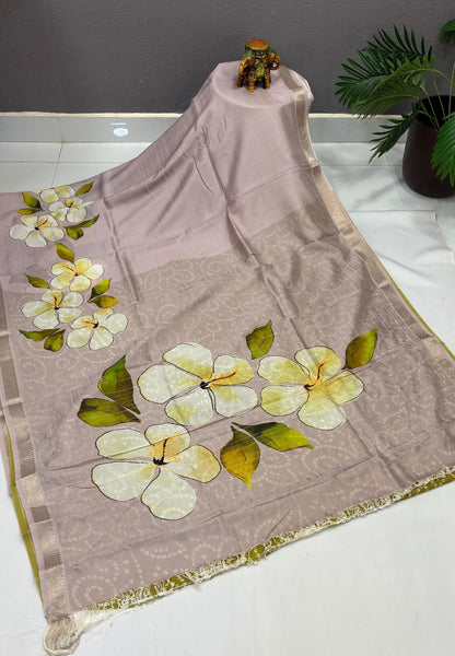 Pure Mangalgiri Silk Saree-Dusky Mauve in Floral Print with Small Border