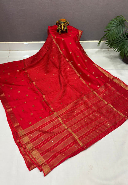 Viscose Saree-Red In Fine Stripe Zari Border