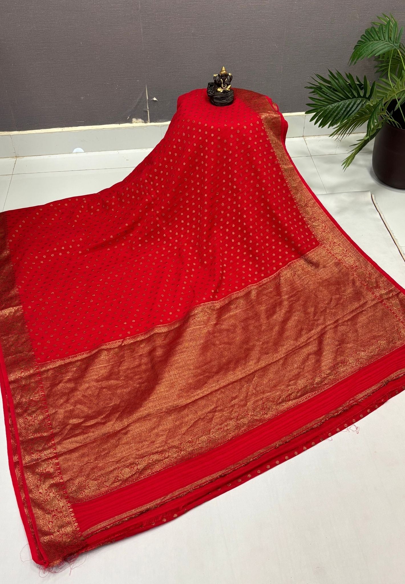 Banarasi Georgette Saree-Red with Mini Leaf Butta and Zari Border
