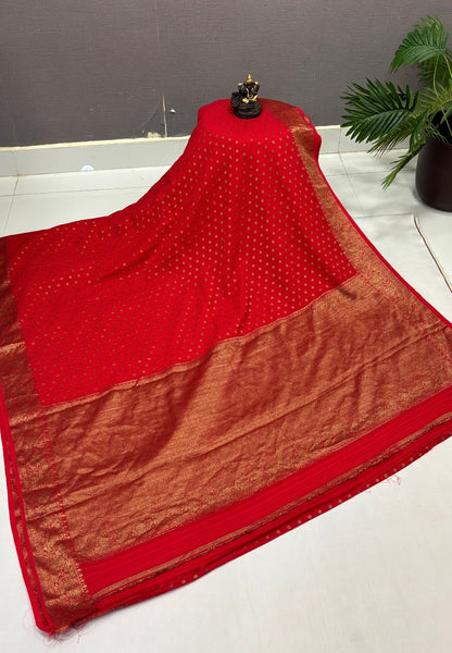 Banarasi Georgette Saree-Red with Mini Leaf Butta and Zari Border