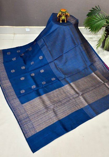 Pure Handloom Tussar Saree-Peacock Blue in Intricate Floral Zari Border