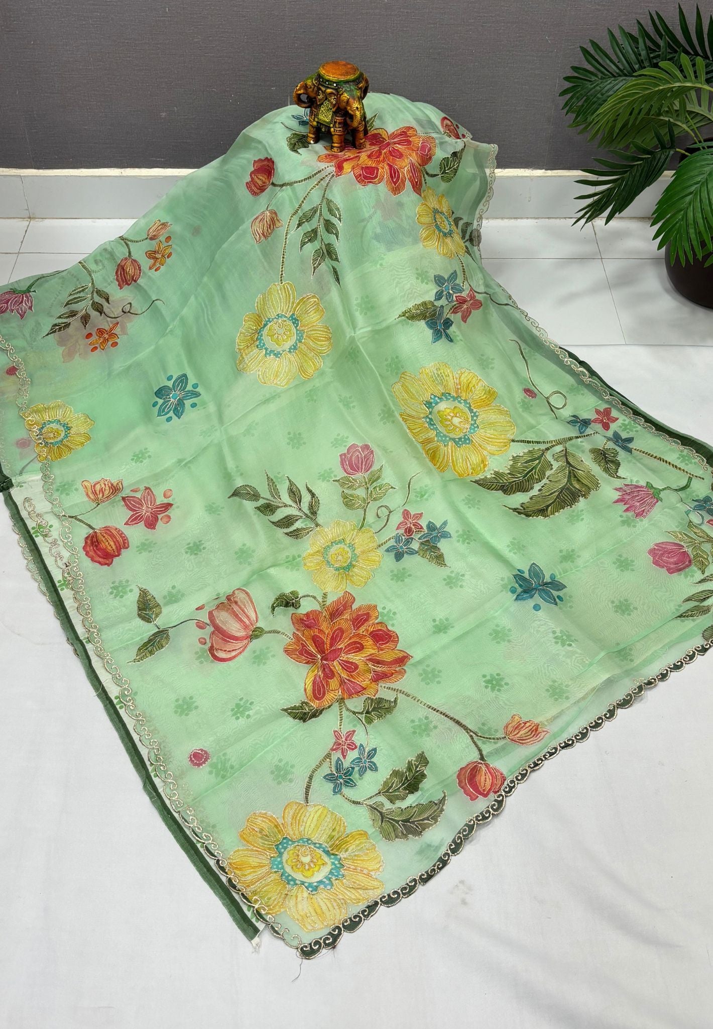 Pure Organza Saree-Sea Foam In Curved Scroll Lace Border