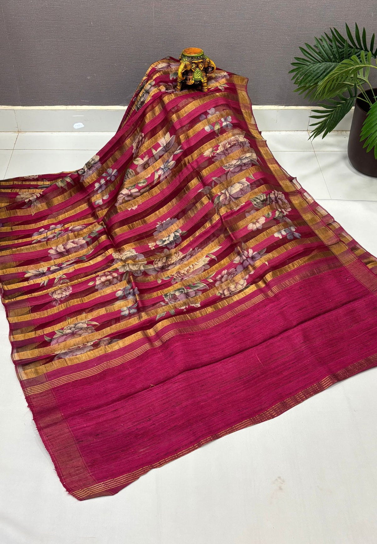 Pure Organza Tussar Saree-Wine In Striped Zari Border