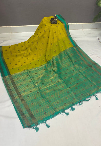 Soft Jute Saree-Lime Yellow-Teal Green With Rettapet Border