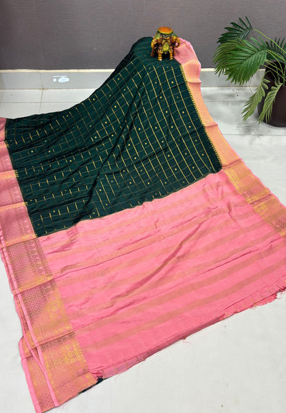 Viscose Saree-Bottle Green in Checked Zari Pattern Border