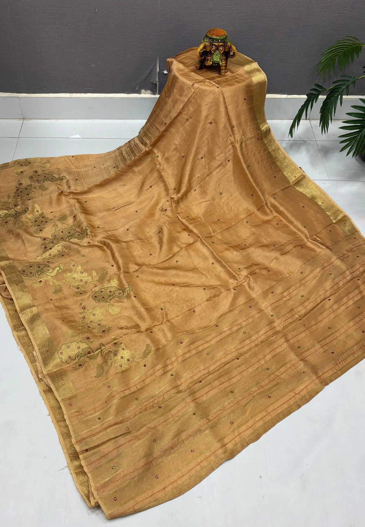 Viscose Saree-Sandal In Peacock Motif Border