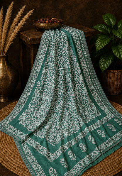 Batik Tussar Saree-Metallic Green with Batik Print