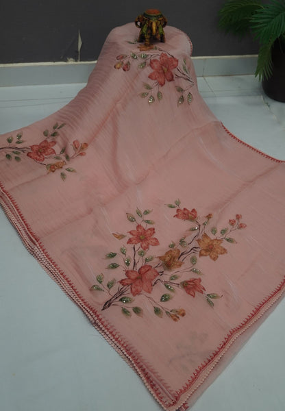 Crush Organza Saree-Pale Orange with French Knot