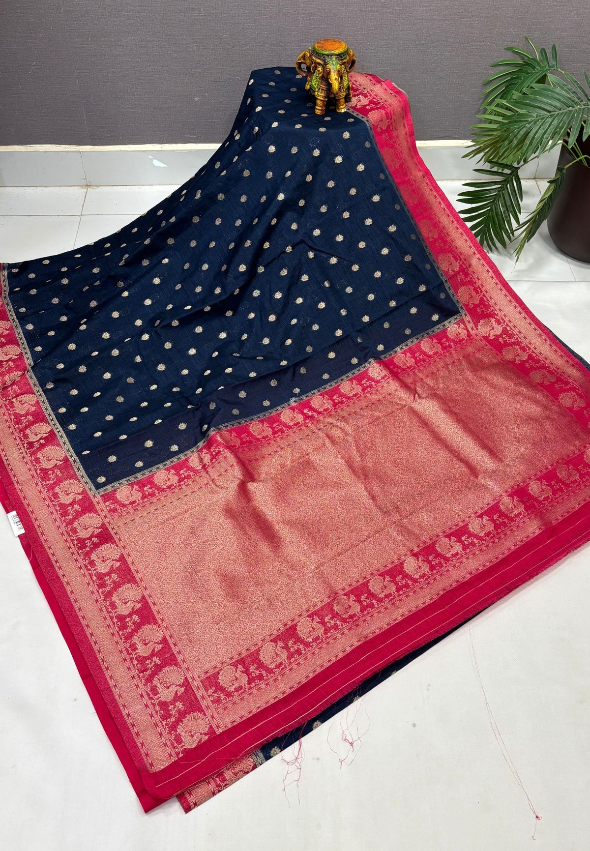 Tussar Linen Saree-Blue in Traditional Peacock Floral Zari with Contrast Border