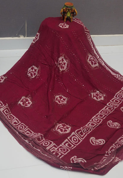 Batick Cotton Saree- Maroon with Sequence Work