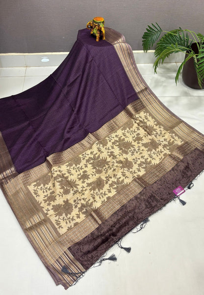 Muslin Tussar Saree-Purple In Floral Vine Border