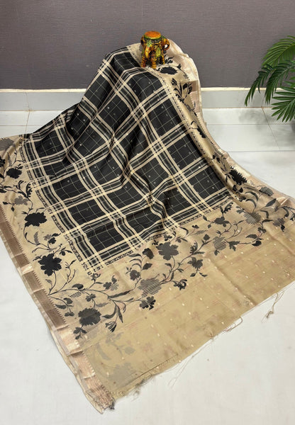 Soft Tussar Saree-Sage Green In Hibiscus Floral Border