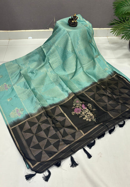 Mulberry Silk Saree-Sea Blue In Diamond Geometric Zari With Contarst Border