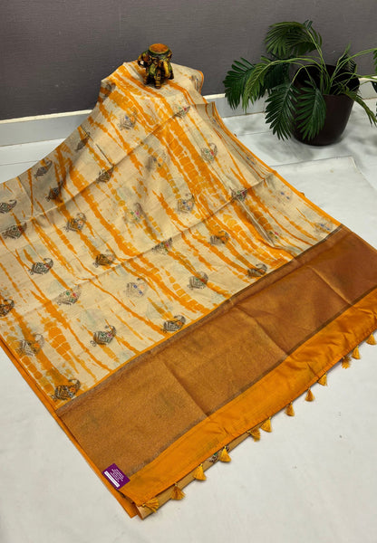 Tussar Saree-Mustard in Leheriya Manga Motif Border