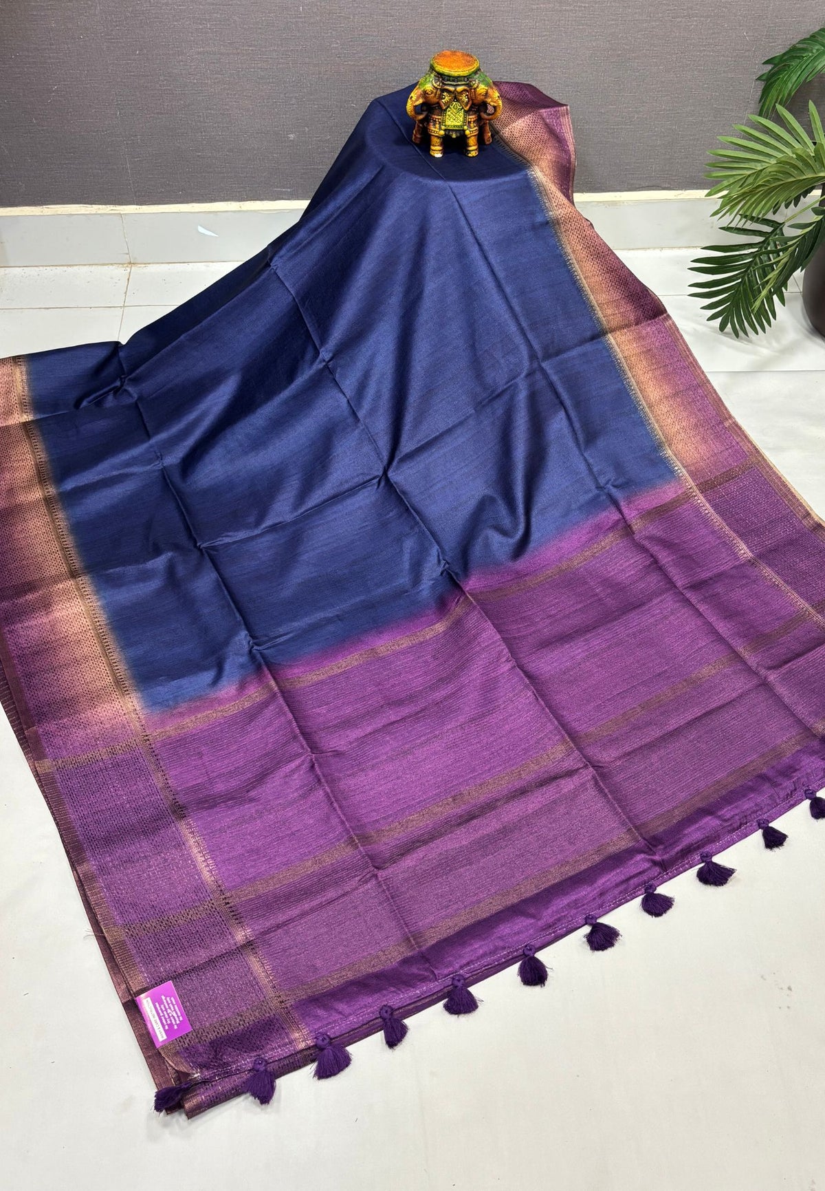 Matka Tussar Saree-Blue in Classic Striped Zari with Contrast Border