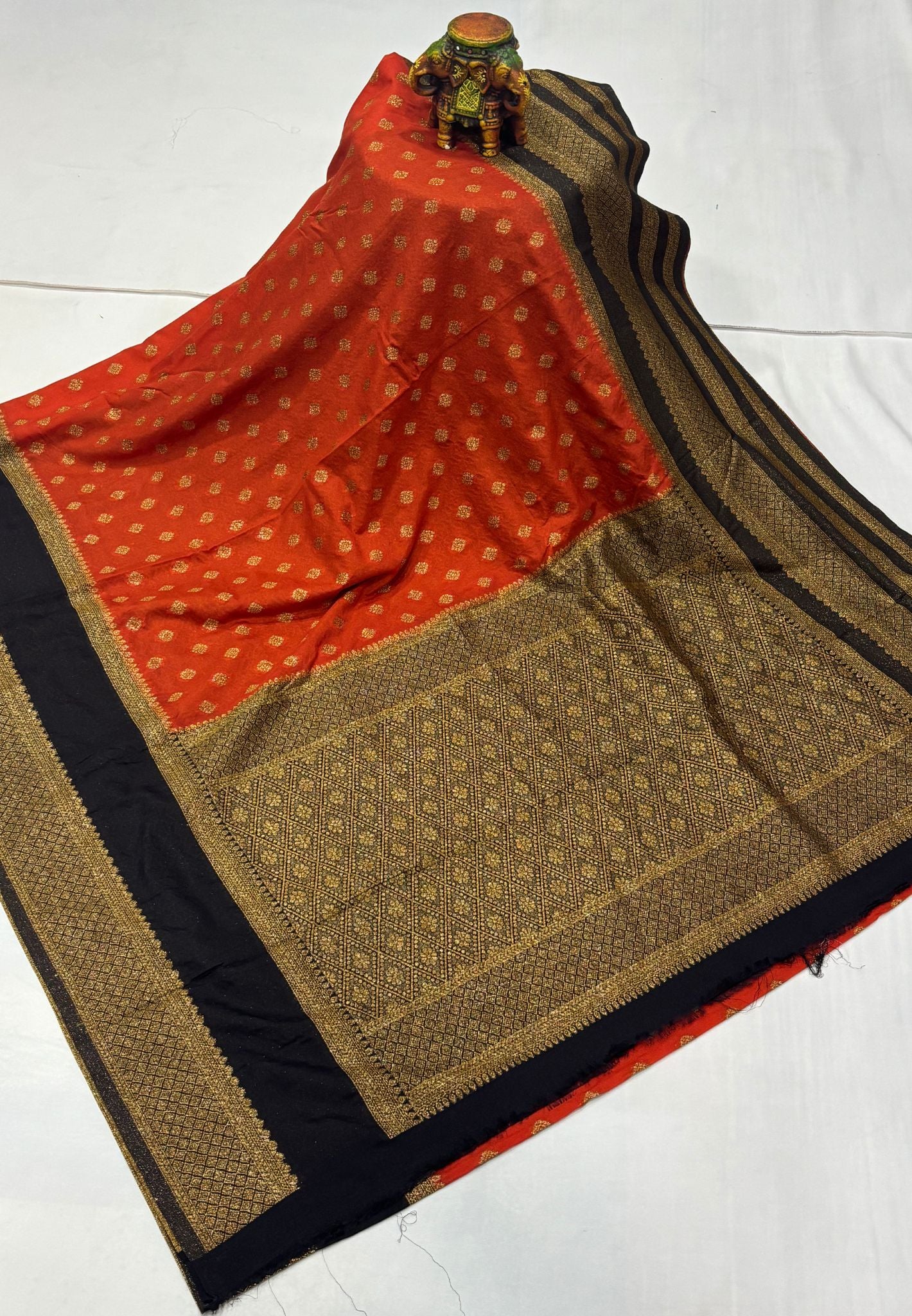 Banarasi Crepe Saree-Rust Orange in Mini Zari Butta with Retepet Border