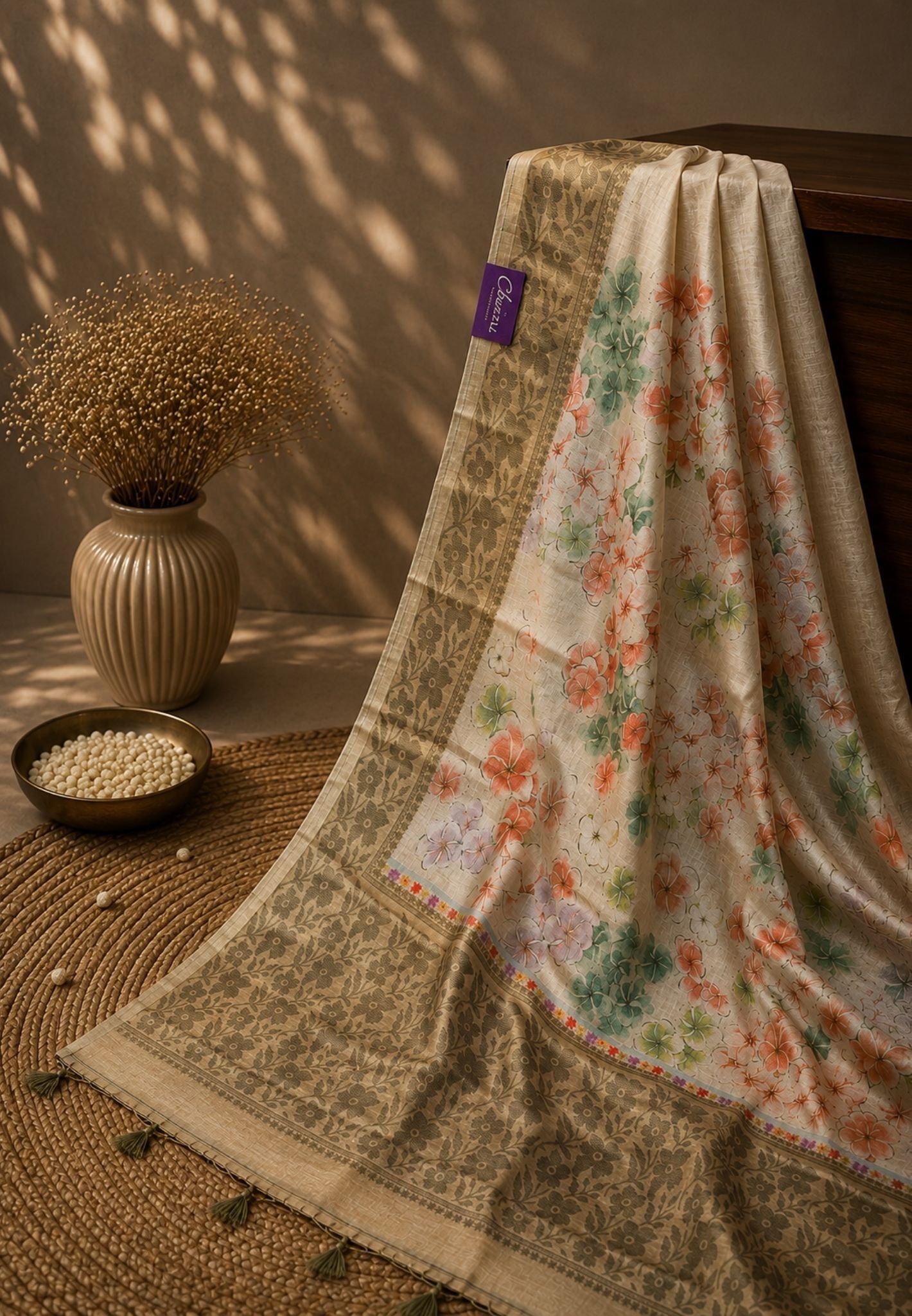 Chanderi Saree-Beige in Floral Pattern