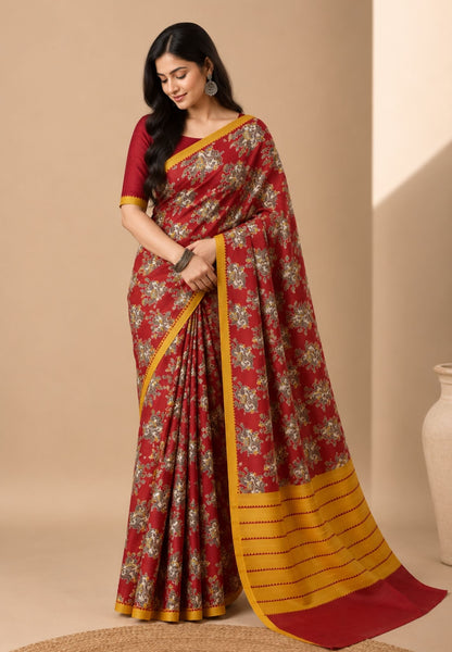 Pure Tussar Saree-Red with Contrast Border