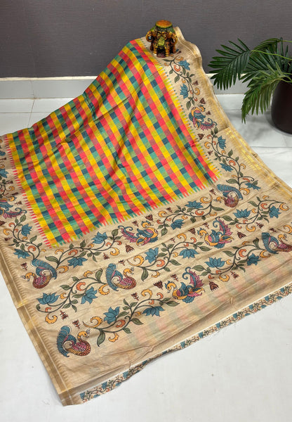 Semi Tussar Saree-Red. in Madras Checks with Peacock Floral Border