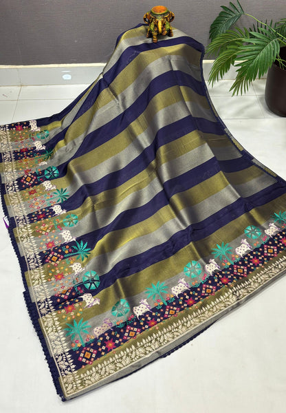 Satin Crepe Saree-Navy Blue In Komatha Floral Border