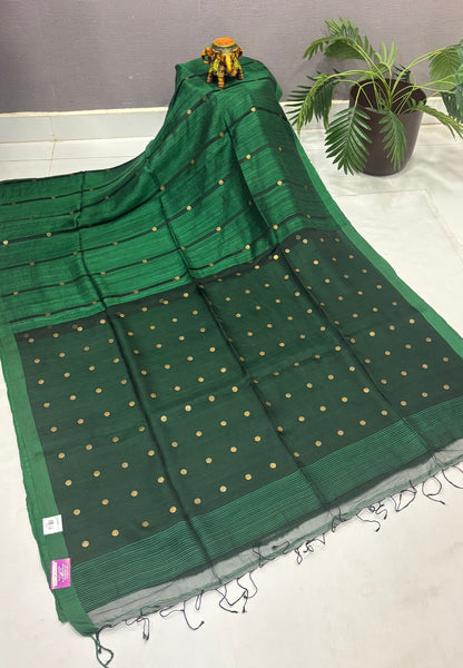 Pure Moonga Cotton Saree-Bottle Green in Coin Butta with Striped Border