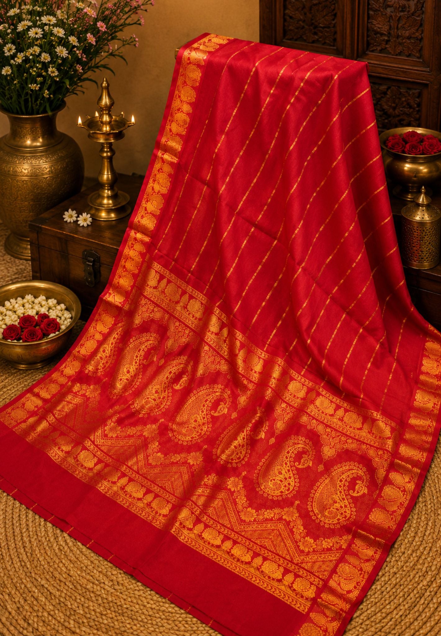 Sungudi Cotton Saree-Red with Veldhari Pattern & Rich Pallu